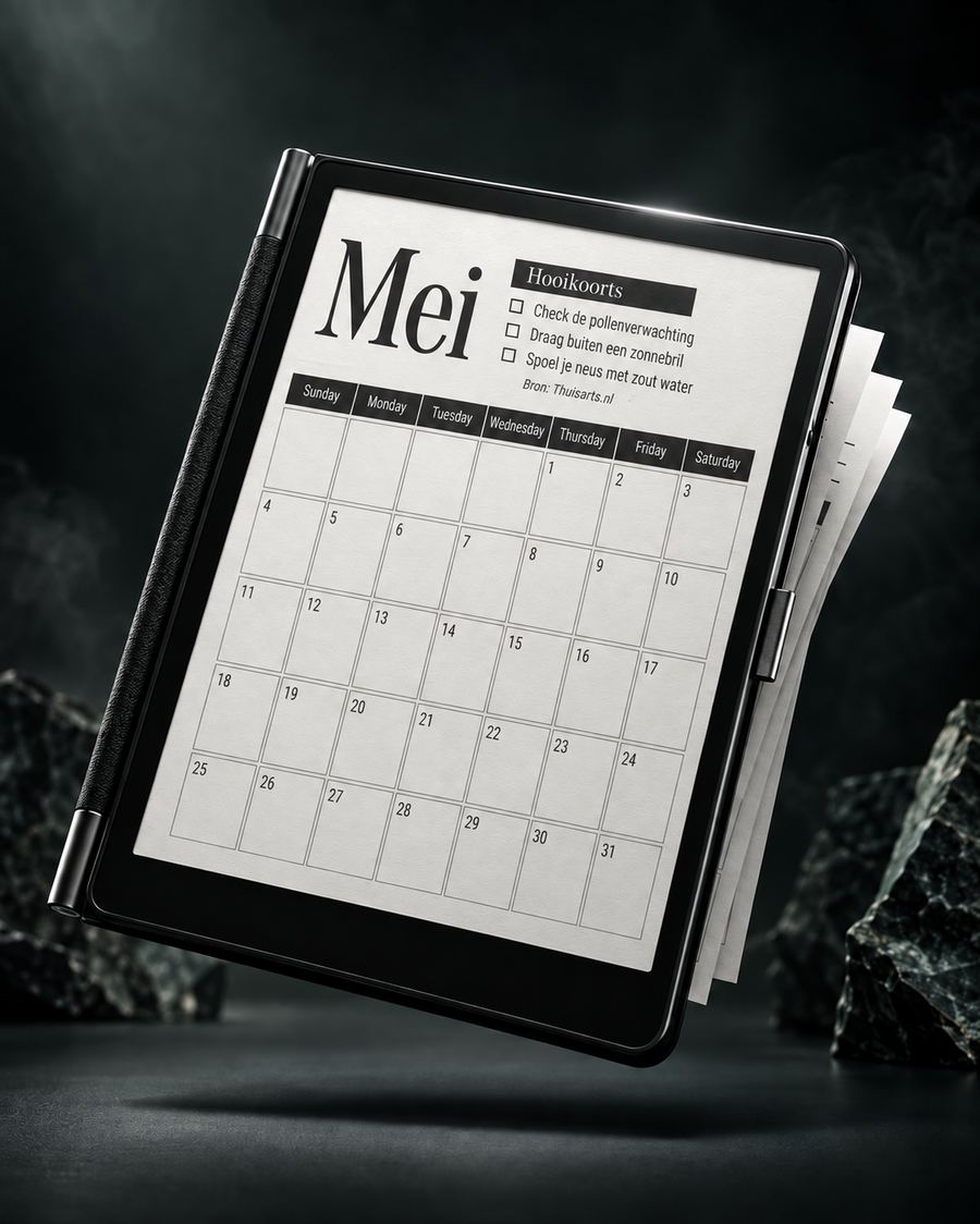 Healthwise-kalender met de maand mei en het thema hooikoorts, inclusief preventietips en bron Thuisarts.nl