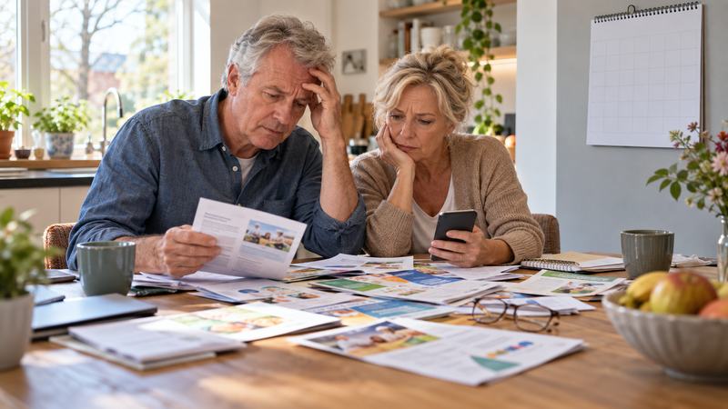 Een stel zit bezorgd aan tafel, omringd door folders en een telefoon, op zoek naar betrouwbare gezondheidsinformatie